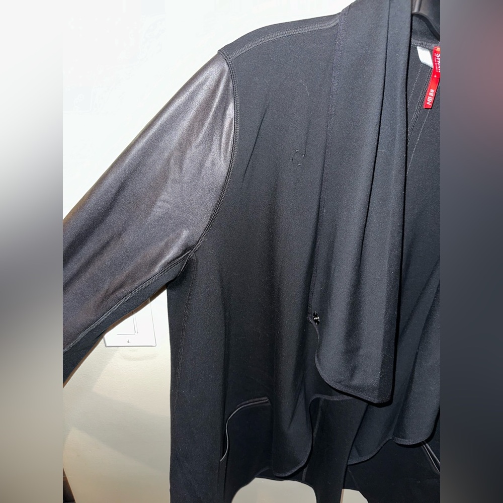 SPANX Black Draped Open-Front Jacket with Leather-Look Sleeves - Picture 5 of 10